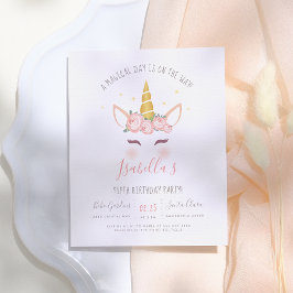 Postal De Invitación Modern Gold Floral Magical Unicorn Birthday Party