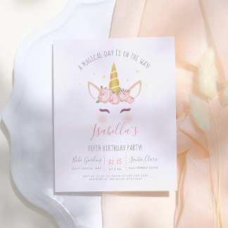 Postal De Invitación Modern Gold Floral Magical Unicorn Birthday Party
