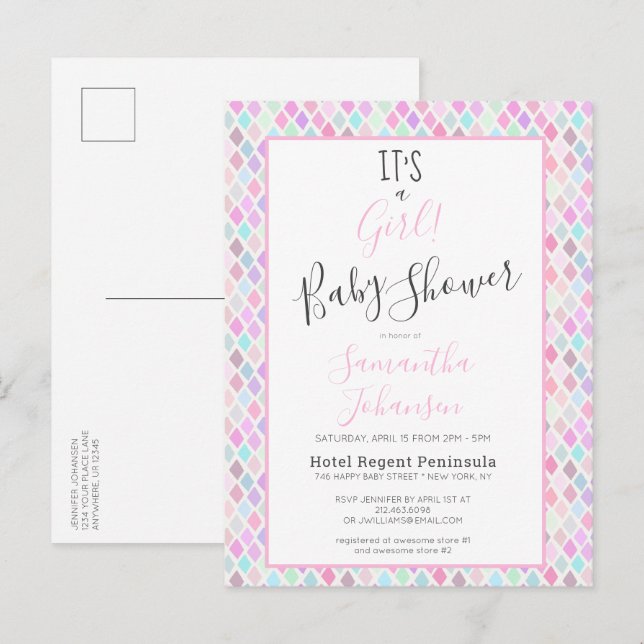 Postal De Invitación Modern It's a Chica Geometric Pattern Baby Shower (Anverso / Reverso)