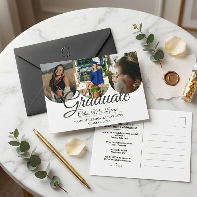 Postal De Invitación Modern Minimalist Arch Calligraphy Photo Graduatio (Modern Minimalist Arch Calligraphy 3-Photo Graduation Announcement Postcard)