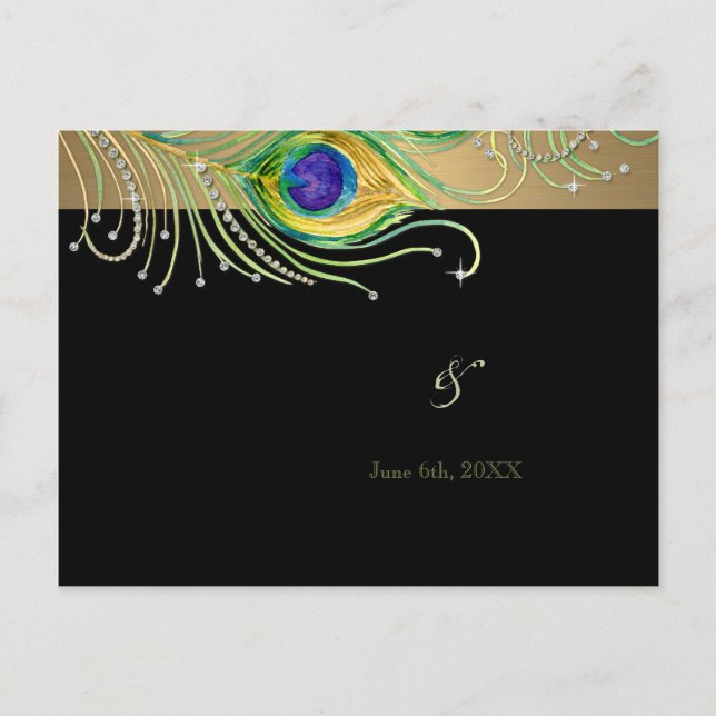 Postal De Invitación Modern Peacock Feathers Faux Jewel Scrorl (Anverso)