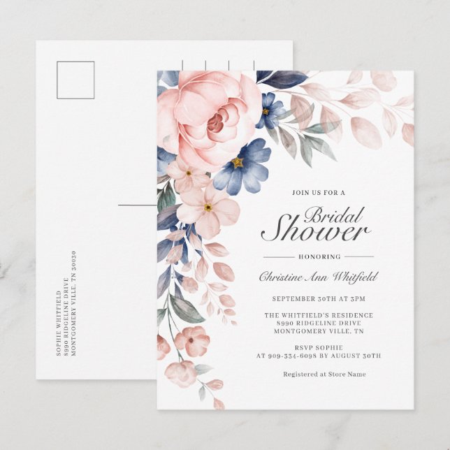 Postal De Invitación Modern Pink Blue Floral Bridal Shower (Anverso / Reverso)