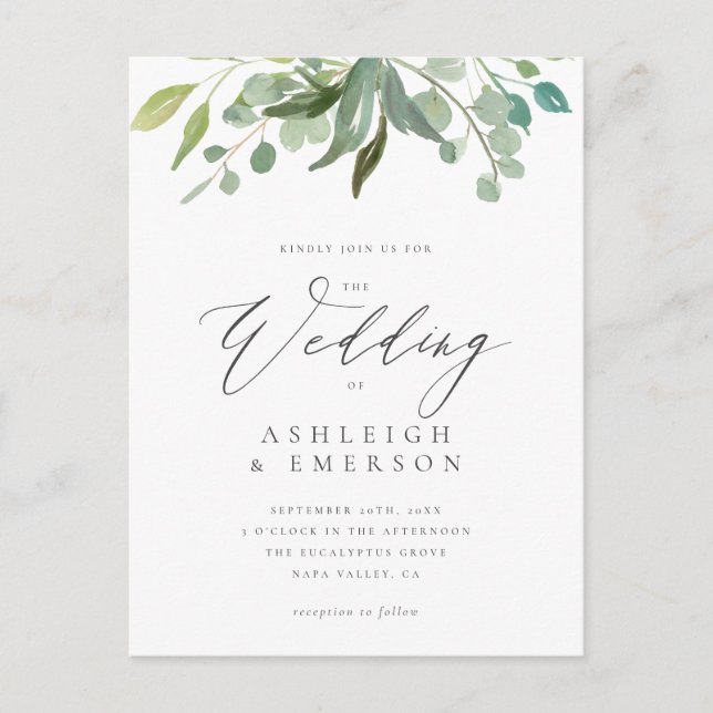 Postal De Invitación Moderna acuarela Eucalyptus Greenery Boda (Anverso)
