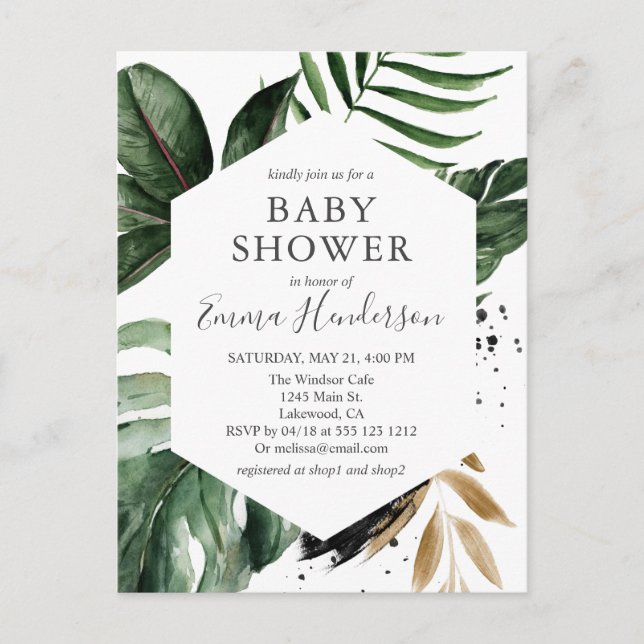 Postal De Invitación Moderna Baby Shower Tropical Greenery (Anverso)
