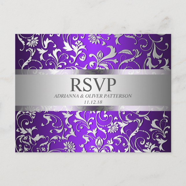 Postal De Invitación Moderna Boda Floral de Plata Púrpura RSVP (Anverso)