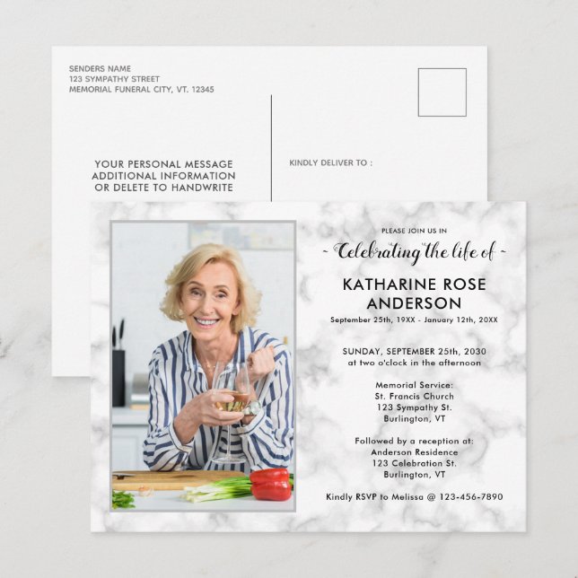 Postal De Invitación Moderna Celebración De Foto De Mármol Del Funeral  (Anverso / Reverso)