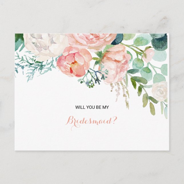 Postal De Invitación Moderna dama de honor floral tropical Rubor rosa (Anverso)