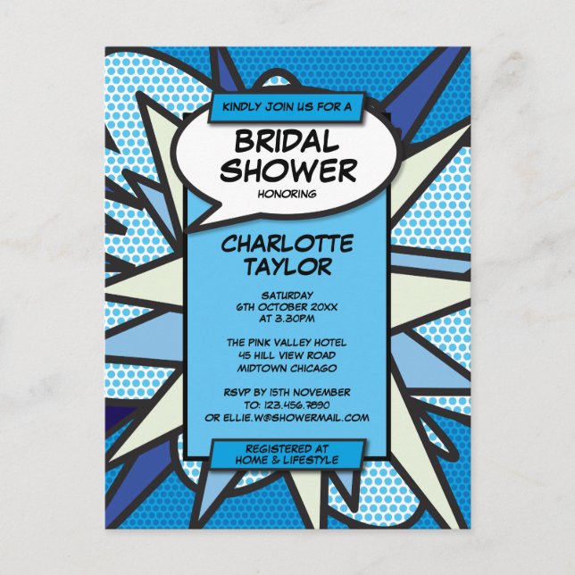 Postal De Invitación Moderna diversión novia ducha historieta azul (Anverso)