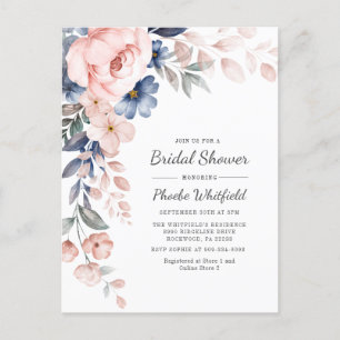 Postal De Invitación Moderna ducha de novia floral rústica rosa azul ro