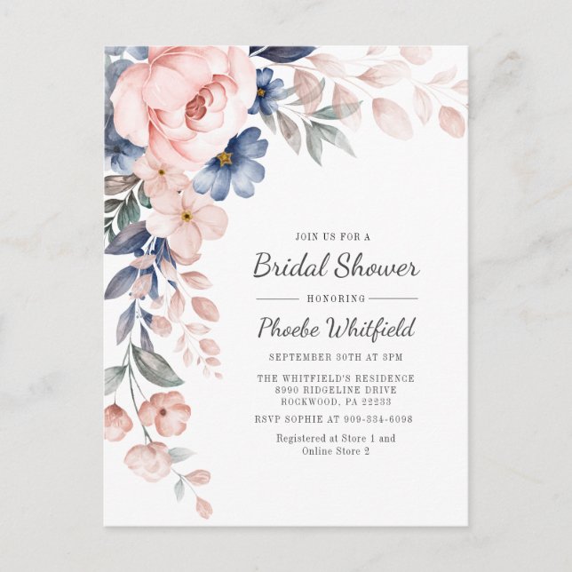 Postal De Invitación Moderna ducha de novia floral rústica rosa azul ro (Anverso)