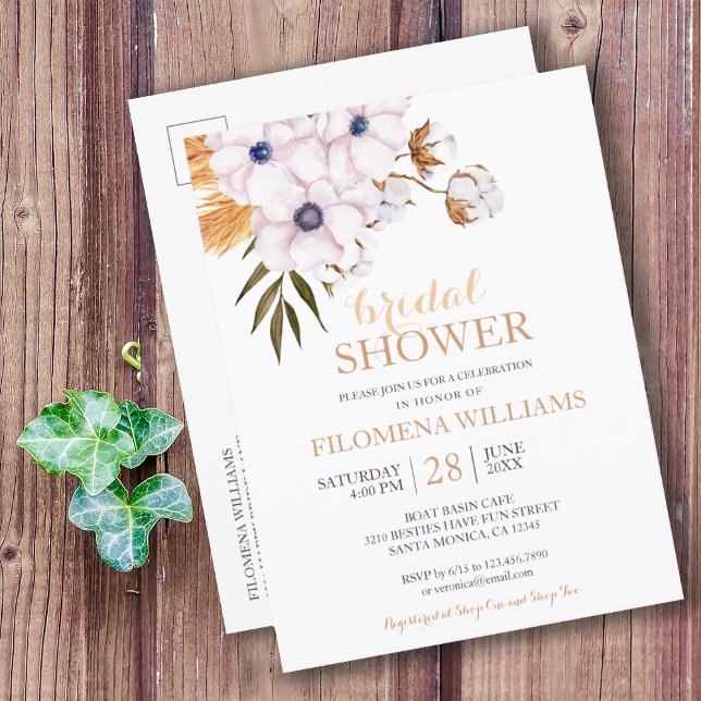 Postal De Invitación Moderna Ducha nupcial de Boho Pampas Grass Cotton (MODERN BOHO PAMPAS GRASS COTTON FLORAL BRIDAL SHOWER INVITATION POSTCARD
)