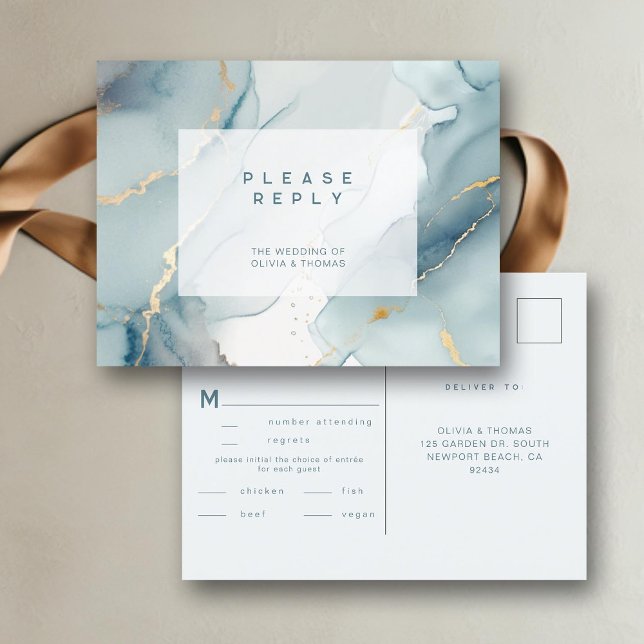 Postal De Invitación Moderna Moda Azul azul  playa Comida de boda RSVP (dusty blue wedding rsvp meal card beach summer elegant bohemian modern romantic gold chic)