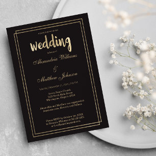 Postal De Invitación Moderna Moda minimalista elegante Boda de oro negr
