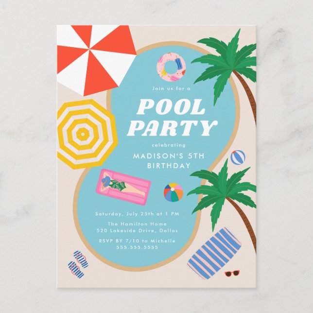 Postal De Invitación Moderna piscina de verano Fiesta Natación Cumpleañ (Anverso)