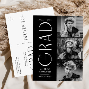 Postal De Invitación Moderna Simplicidad Black 3 Photo Graduation Party
