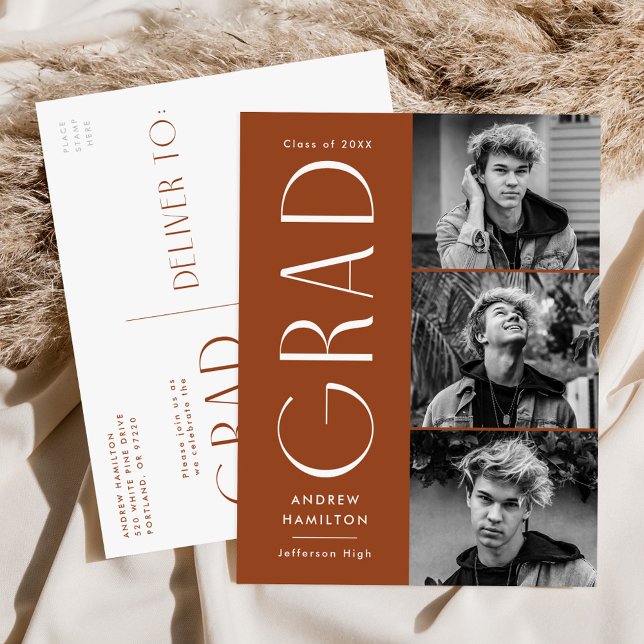 Postal De Invitación Moderna Simplicidad Rust 3 Photo Graduation Party (Subido por el creador)