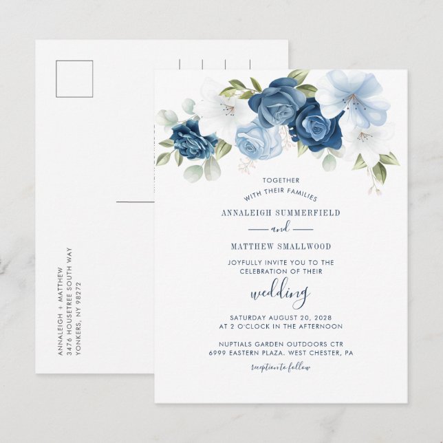 Postal De Invitación Moderna vegetación floral Boda azul turbio (Anverso / Reverso)