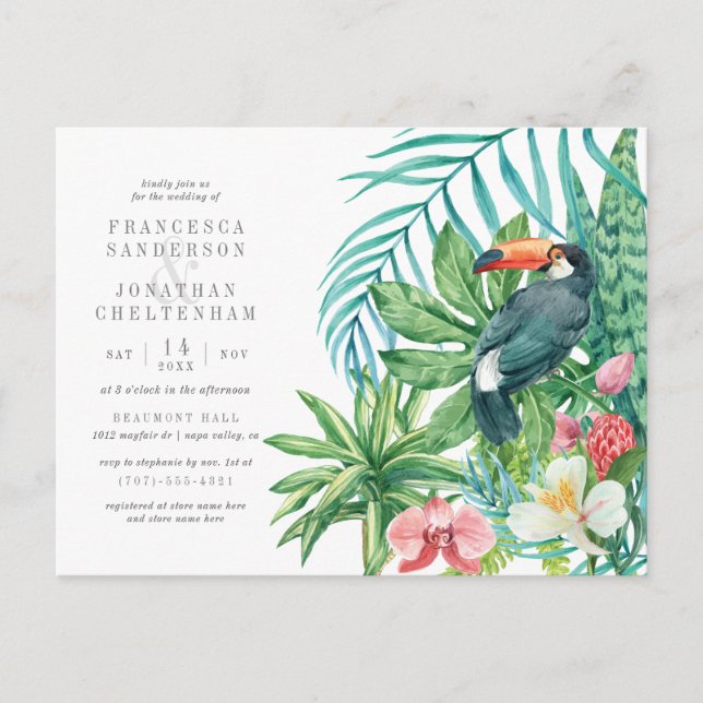 Postal De Invitación Modernas hojas de acuarela tropical y Boda táctil (Anverso)