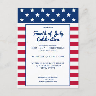 Postal De Invitación Moderno 4 de Julio Blanco Rojo y Azul