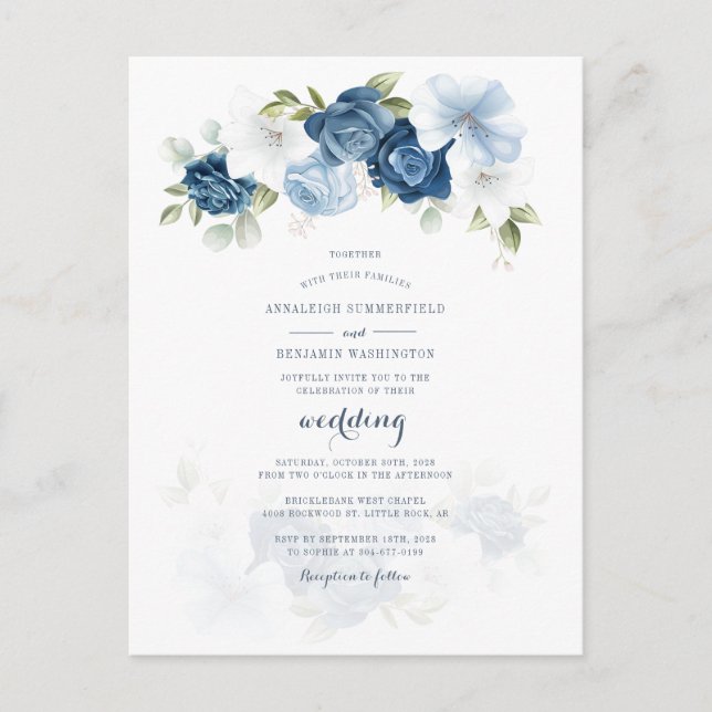 Postal De Invitación Moderno Boda Azul Dusto Botánico Floral (Anverso)