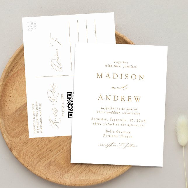 Postal De Invitación Moderno Boda elegante de código QR de oro (Subido por el creador)