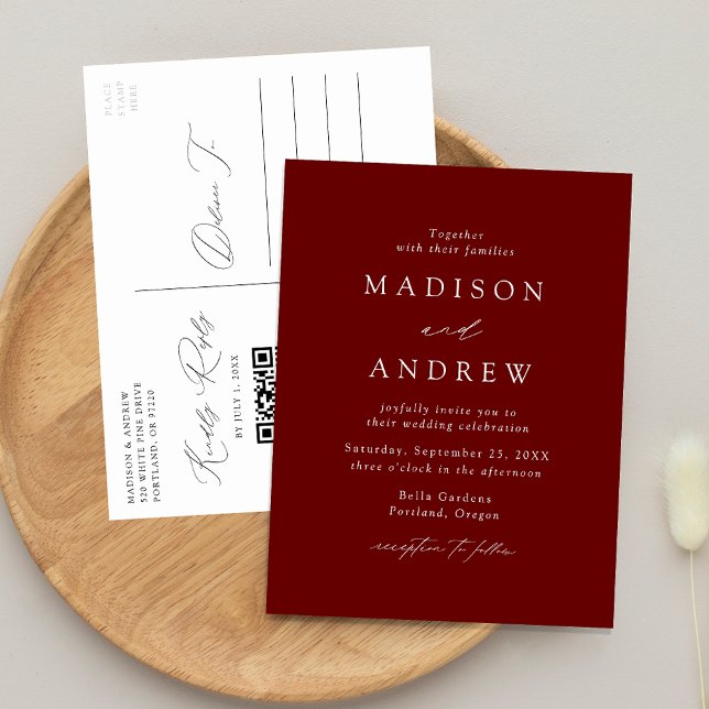 Postal De Invitación Moderno Boda elegante de código QR en Borgoña (Subido por el creador)