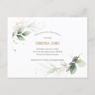 Postal De Invitación Moderno, Botánico, Verde, acuarela, Niña Bebé