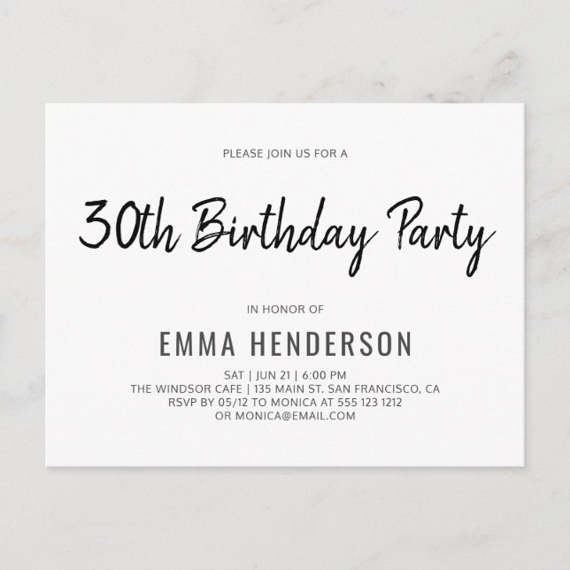 Postal De Invitación Moderno Cepillo Simple 30 Fiesta de cumpleaños (Anverso)