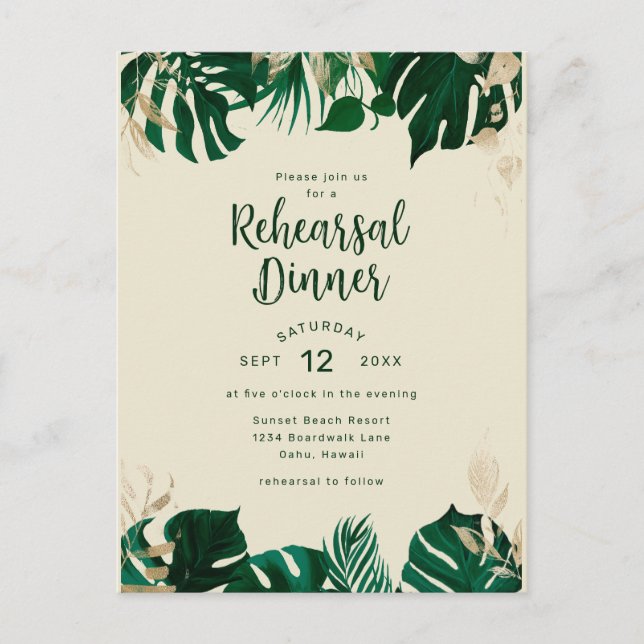 Postal De Invitación Moderno ensayo de hojas tropicales Boda Cena (Anverso)