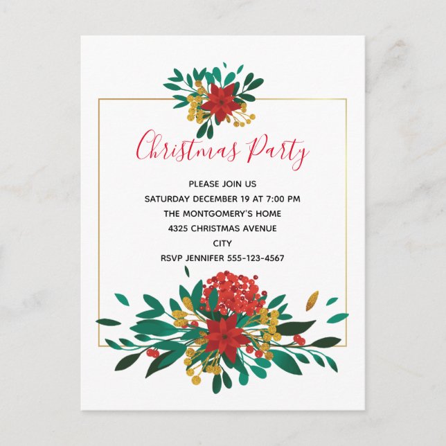 Postal De Invitación Moderno Fiesta de Bouquet de Navidades de Oro y Ve (Anverso)