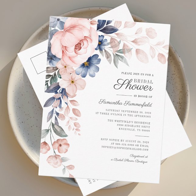Postal De Invitación Moderno Floral Watercoler Script Ducha Nupcial Ros (Floral Watercolor Pink Flowers Bridal Shower Invitation Postcard)