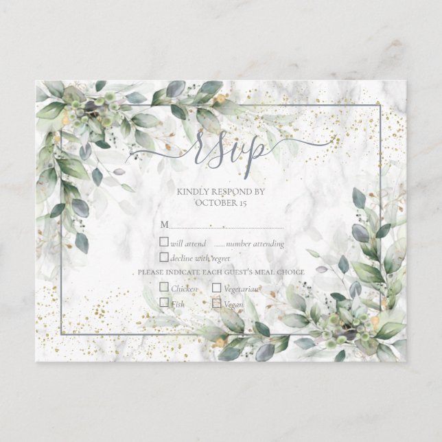 Postal De Invitación Moderno Gris Gris Blanco Floral Mármol de oro RSVP (Anverso)