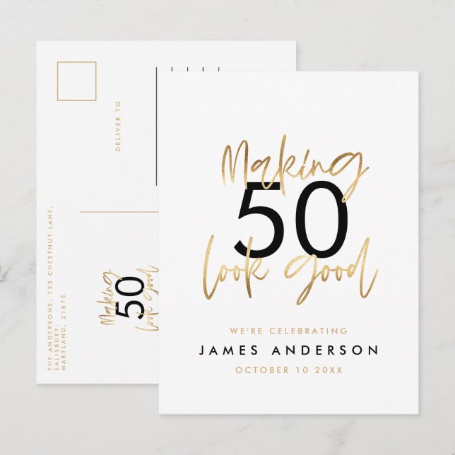 Postal De Invitación Moderno guión elegante de 50 años simple (Anverso / Reverso)