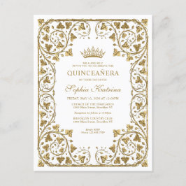 Postal De Invitación Moderno marco dorado blanco vintage Tiara Quincean