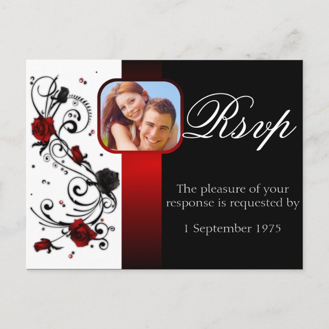 Postal De Invitación Moderno matrimonio rojo y negro Rosa RSVP (Anverso)