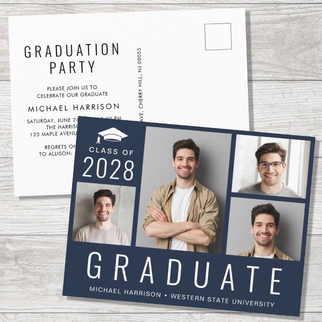 Postal De Invitación Moderno Mínimo 4 Foto Partido de Graduación Azul (Subido por el creador)