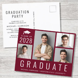 Postal De Invitación Moderno Mínimo 4 Foto Partido de Graduación Borgoñ
