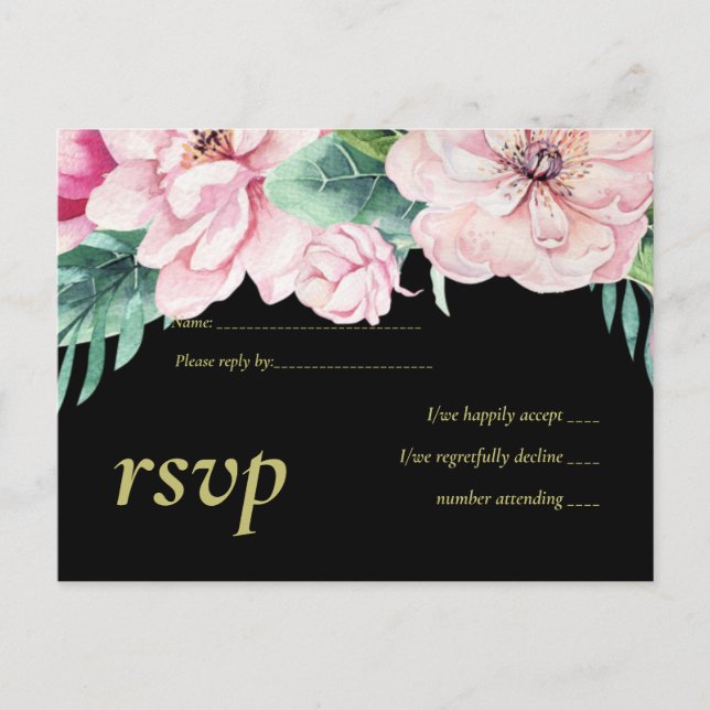 Postal De Invitación Moderno presupuesto de Boda negro con flores rosad (Anverso)