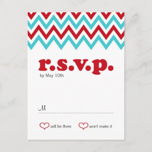 Postal De Invitación Moderno Red y Aqua Chevron & Lovebirds RSVP