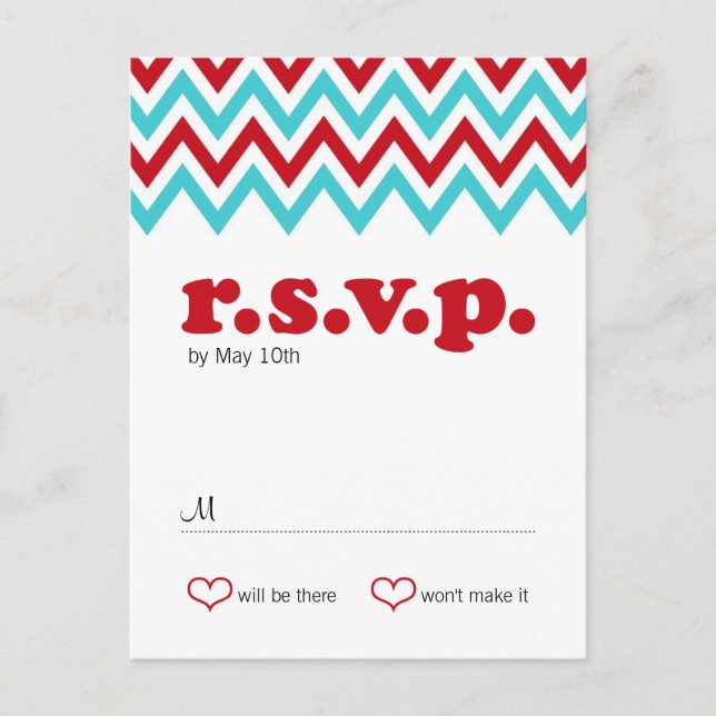 Postal De Invitación Moderno Red y Aqua Chevron & Lovebirds RSVP (Anverso)