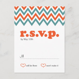 Postal De Invitación Moderno Verde azulado y Naranja Chevron & Lovebird