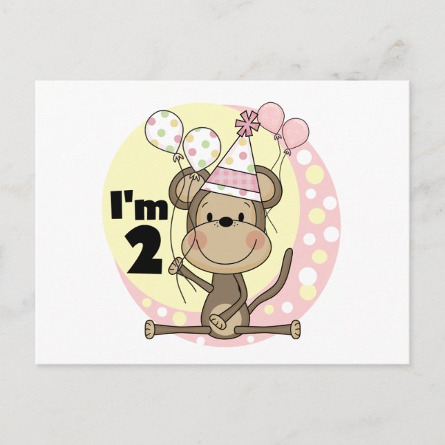 Postal De Invitación Mono chica en Fiesta Gorra Segundo cumpleaños (Anverso)