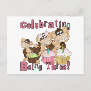 Postal De Invitación Mono Fiesta Rosado 3 camisetas de cumpleaños y reg