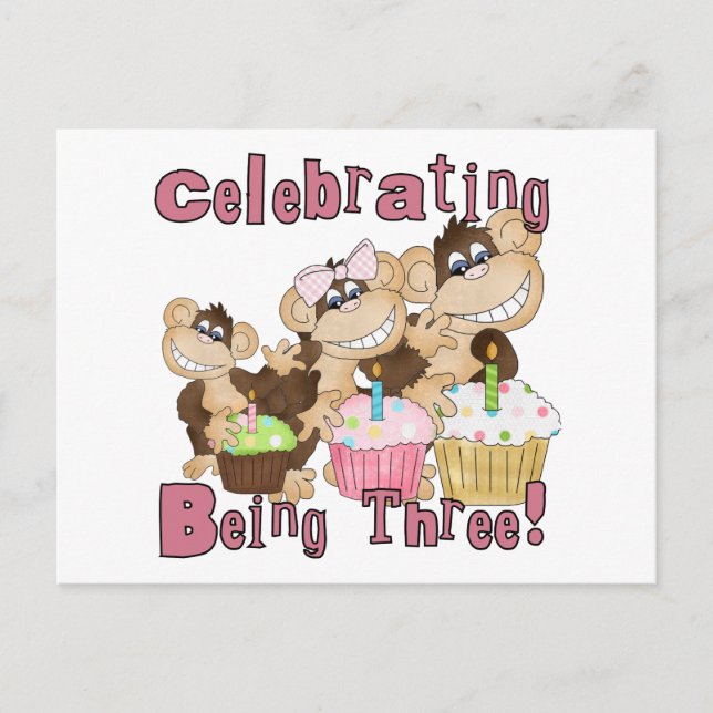 Postal De Invitación Mono Fiesta Rosado 3 camisetas de cumpleaños y reg (Anverso)