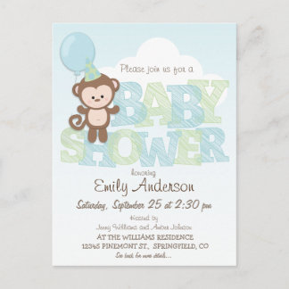 Postal De Invitación Mono lindo; Baby Shower azul y verde