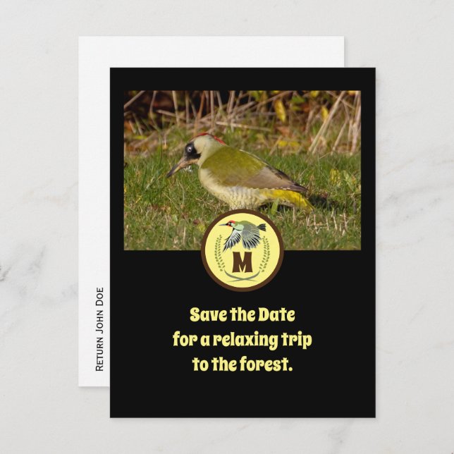 Postal De Invitación Monograma de carpintero verde volando (Anverso / Reverso)