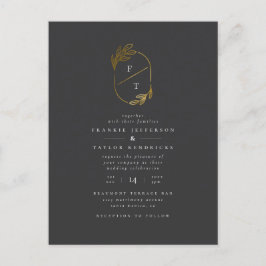 Postal De Invitación Monograma de hoja de oro y negro | Boda fotográfic