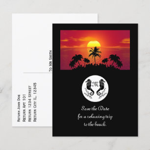 Postal De Invitación Monograma de silueta doble caballito de mar negro