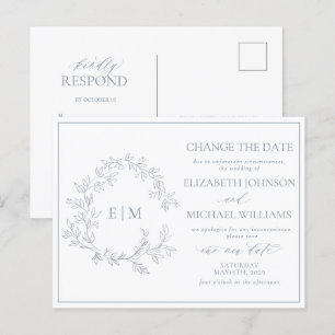 Postal De Invitación Monograma del Escudo de Leafy Azul Dusto Cambiar L