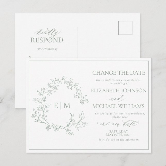 Postal De Invitación Monograma del Escudo de Leafy Verde Sabio Cambiar  (Anverso / Reverso)